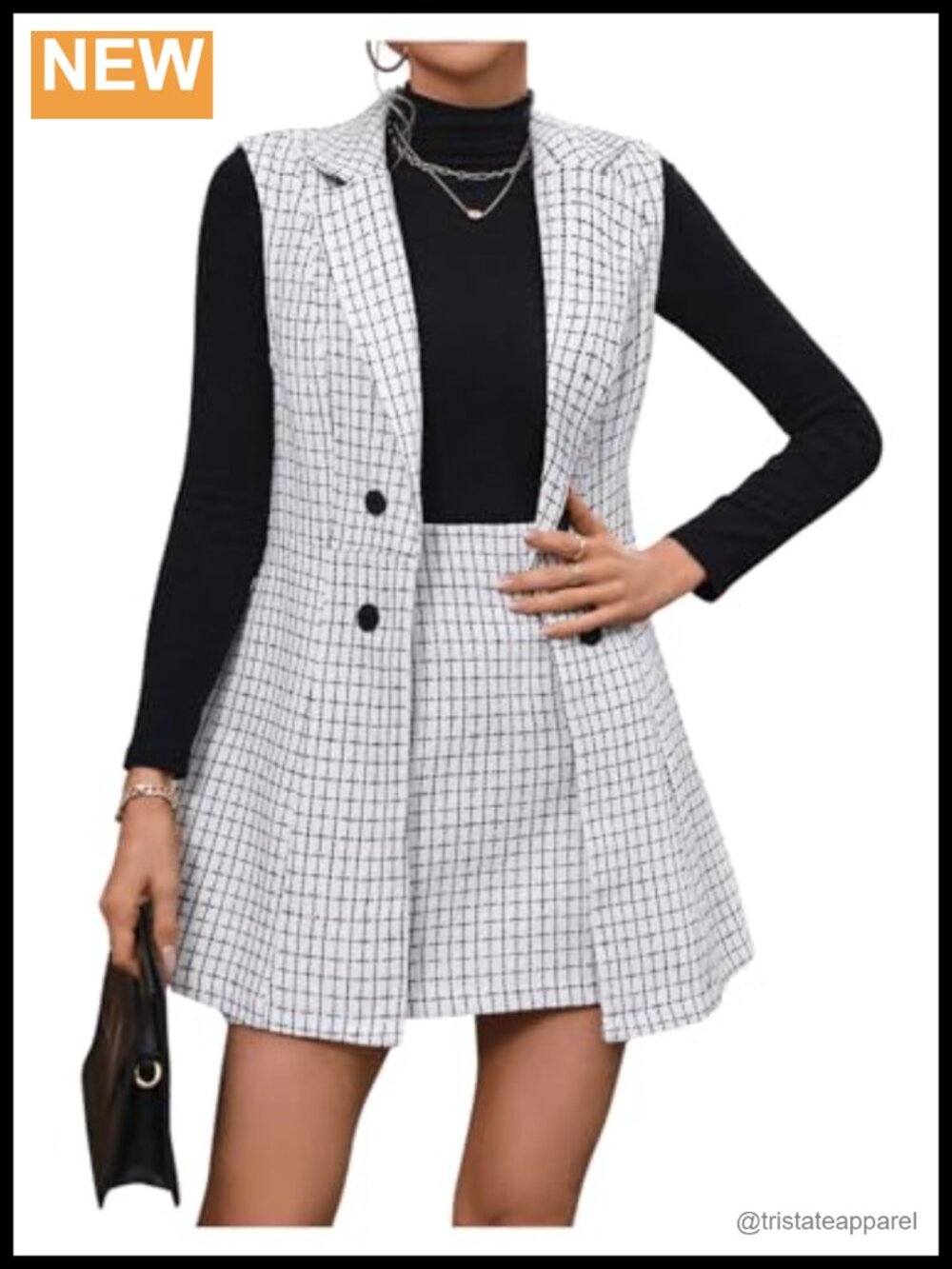 2 Piece Plaid Print Vest Blazer and Skirt Set Sleeveless Lapel Neck Business